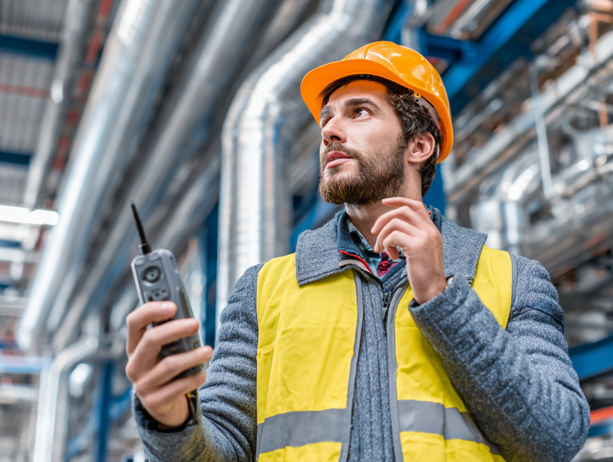 Acoustic engineer with sound meter inspecting industrial facility piping system